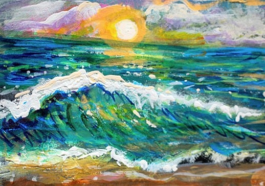 ORIGINAL ACEO Painting OCEAN Beach Waves Clouds Sunset Summer Shore Sea ATC ART