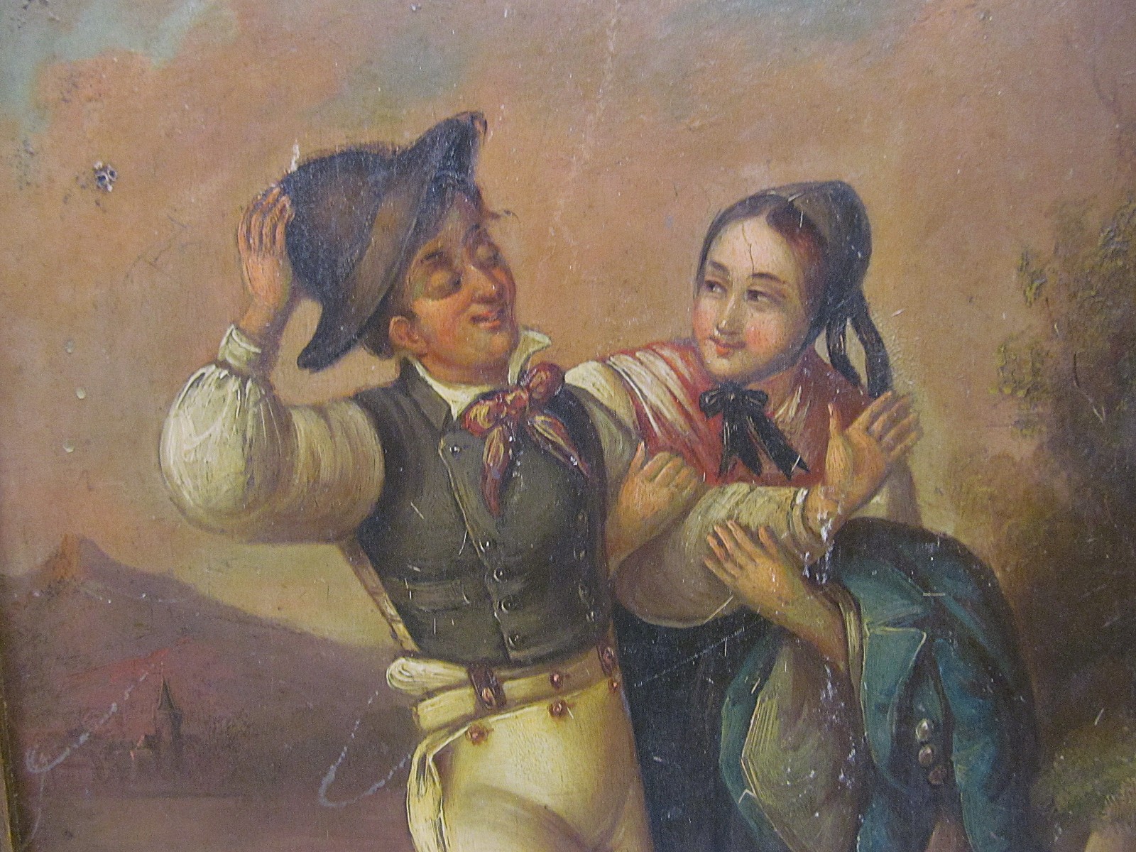 Lovers couple probably Italy around 1850 old oil painting on tin