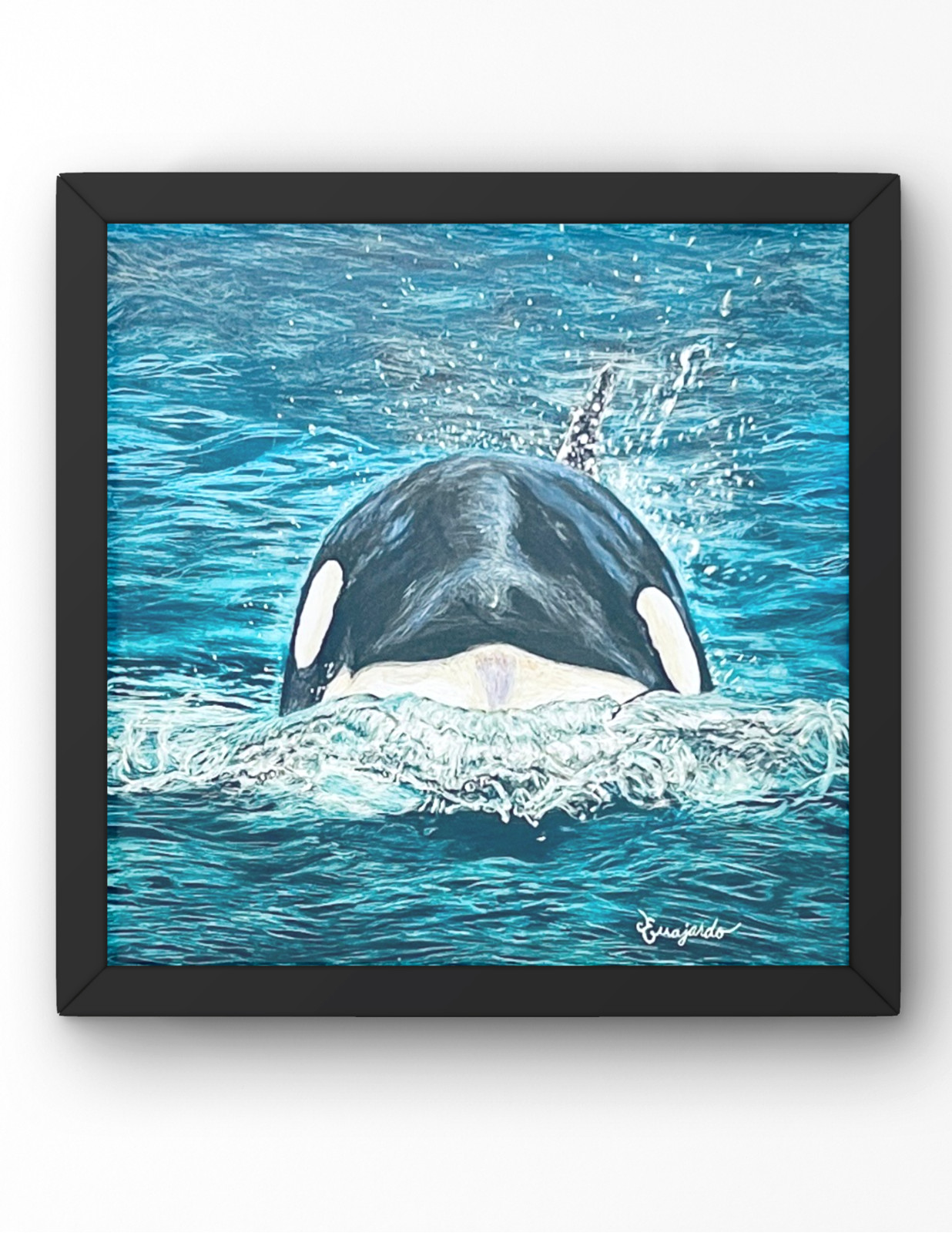 Guajardo Art: Blackfish Orca 6X6 Expressionism Original Scratch Art Wood Panel