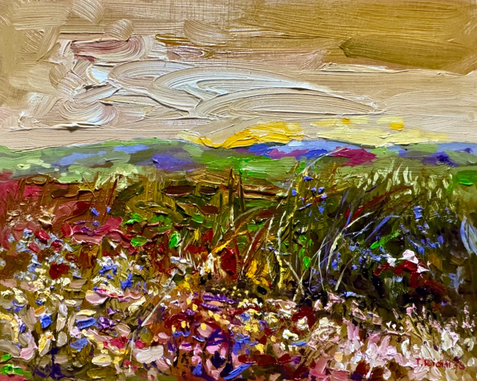 Oil painting panel ORIGINAL art Wildflower field artwork Landscape flower 8×10