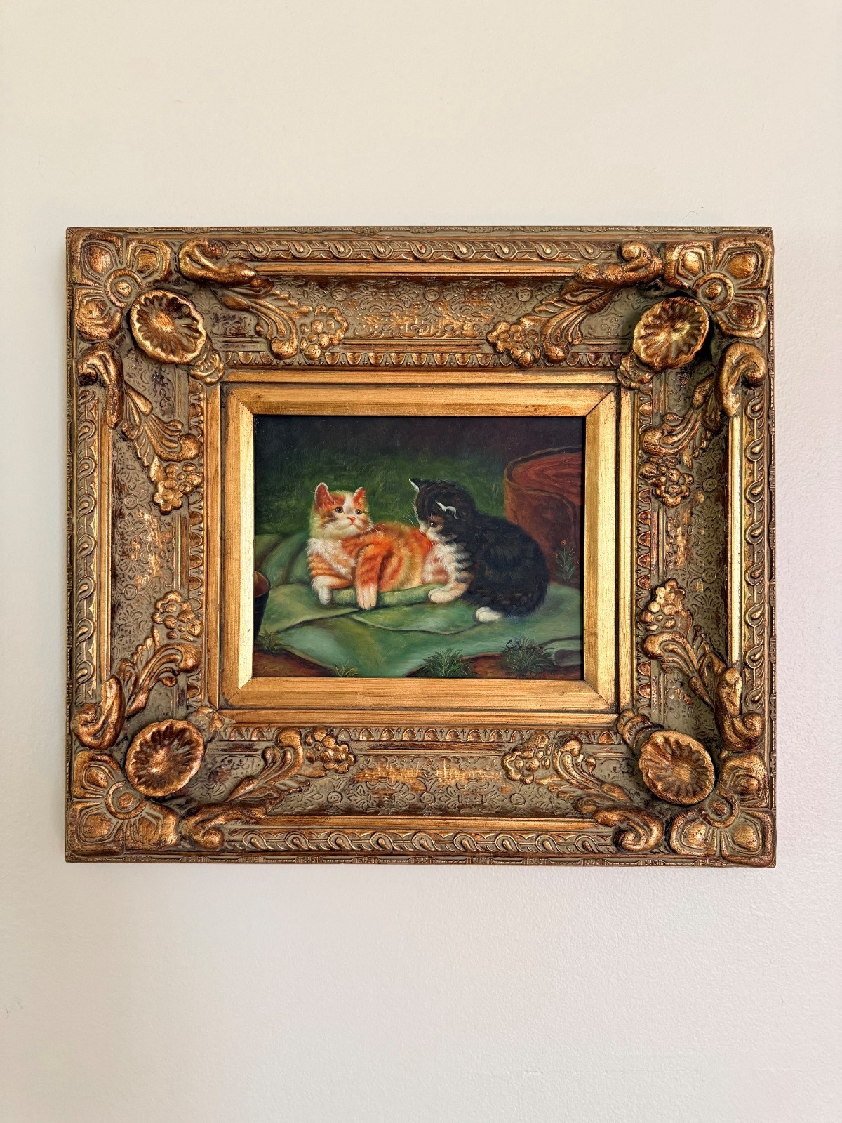 Antique Signed Oil on Board Painting of Kittens c.1890–1910-Ornate Antique Frame