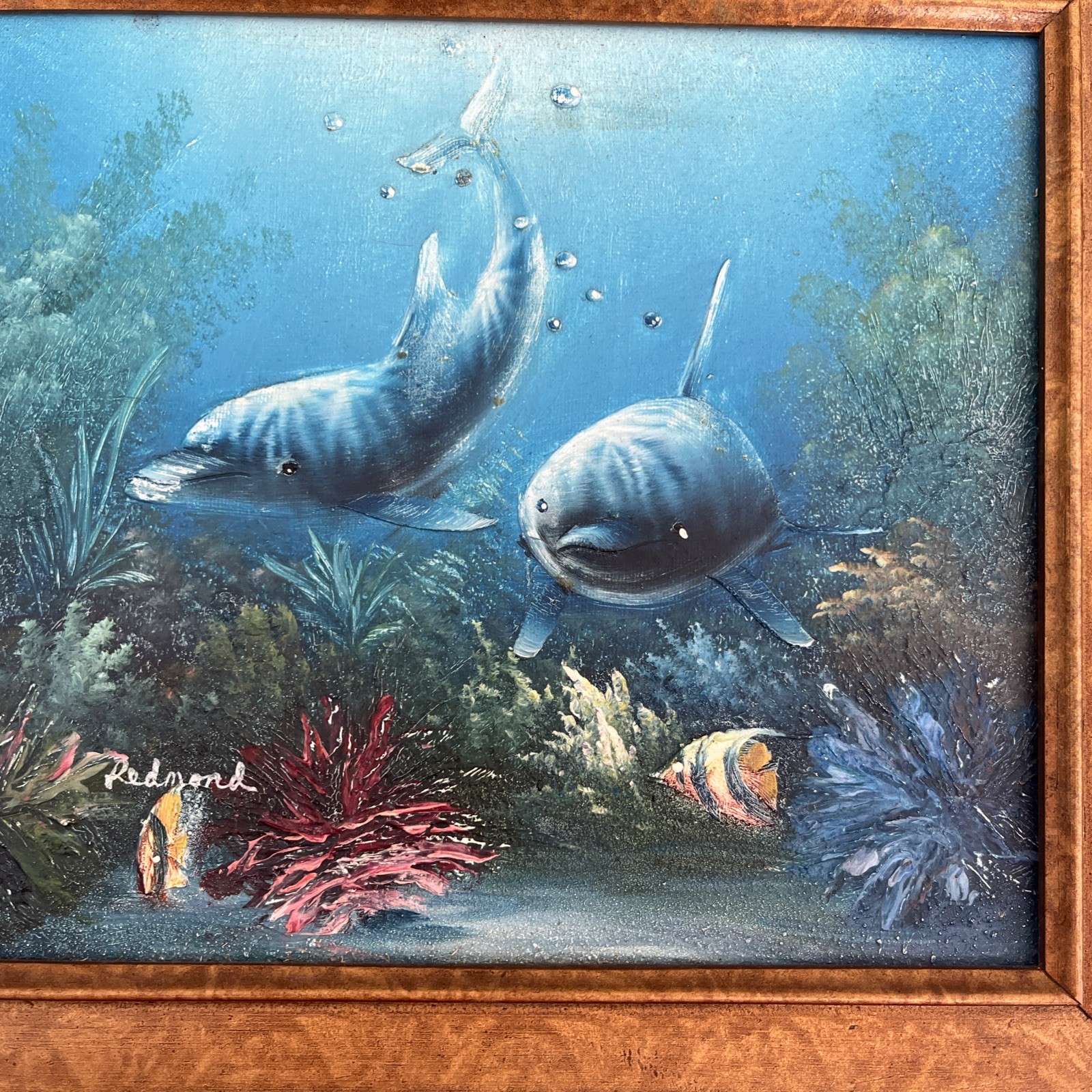 Original C. Redmond Benolt Painting Textured Dolphins Under Water Ocean Coastal