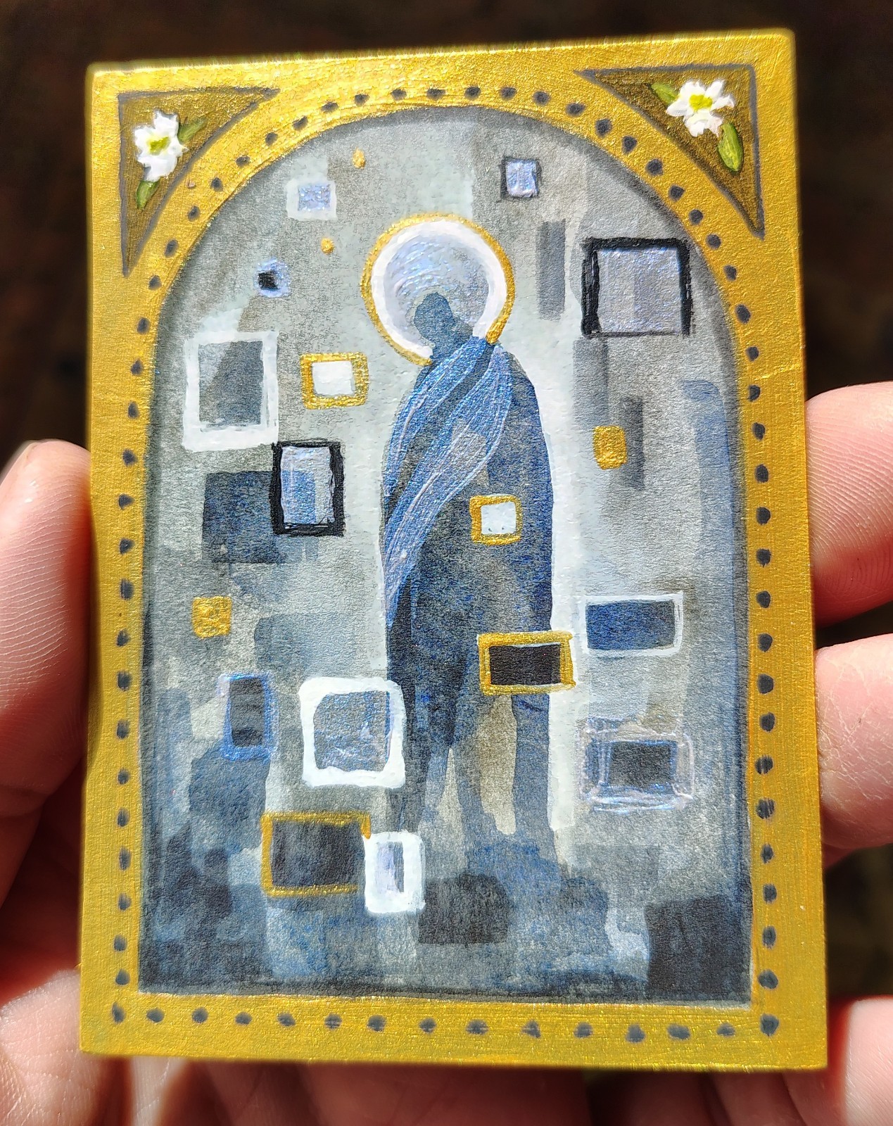 ACEO Original Art Miniature Saint Painting In Gold, Blue And White By Dinah Rau