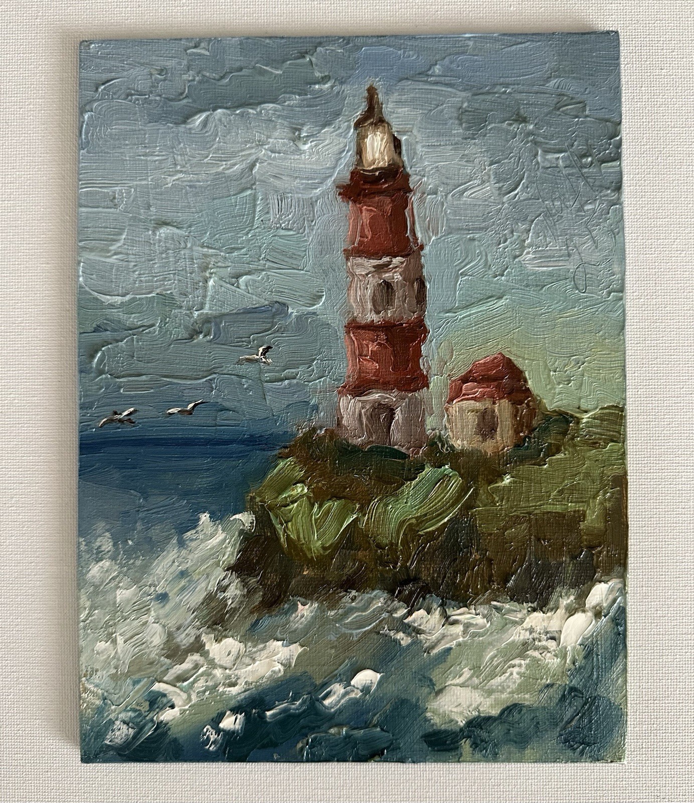 Lighthouse Seascape Oil Original Impressionist Painting Ocean Waves Coastal