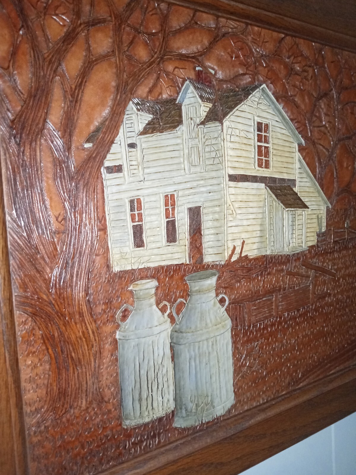 Orig. Stephen Brown Leather Scenes Hand Tooled Leather Art, Signed, Farm Scene
