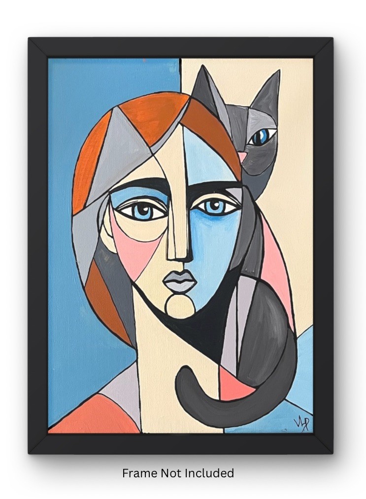 Original Cat Lady Picasso Inspired Modern Cubist Art 14×11” Canvas Acrylic VLP