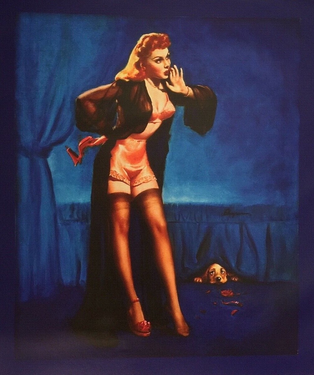 SALE DOG GONE Signed pinup Gil ELVGREN pin-up REDHEAD LINGERIE STOCKINGS Crocker