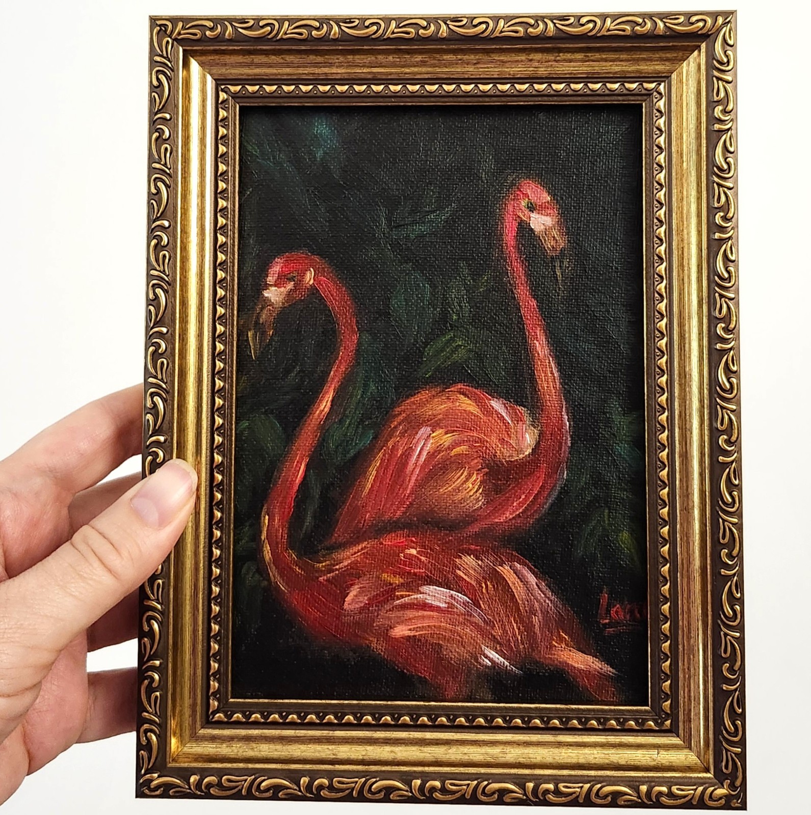 Framed Flamingos Original Oil Painting 5×7 Artist Signed OOAK Bird Wall Art