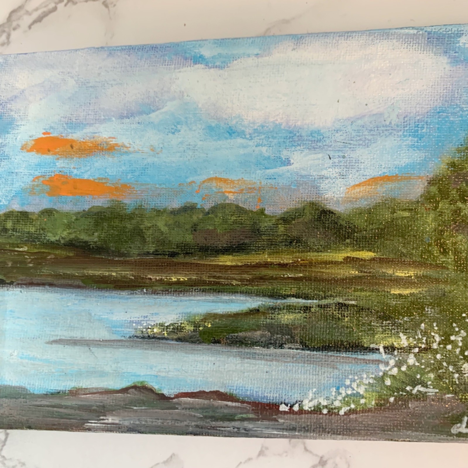 Hand Painted Landscape Painting Canvas Art Signed Dee Dee Blue Green 6.75 x 5