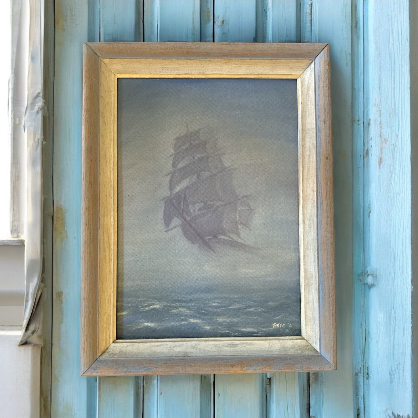 Original Painting Ships Seascape Realism Framed Signed by PETE 1981 on Canvas