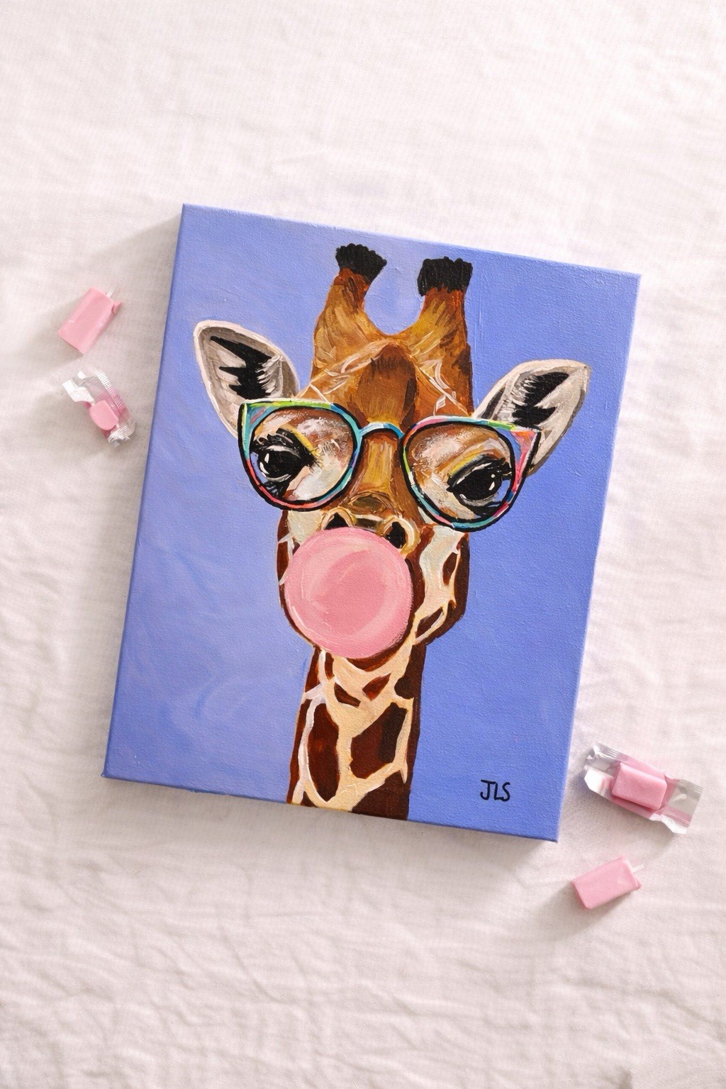 Giraffe Bubble Gum Painting 16×20 Whimsical Animal Nursery Wall Art