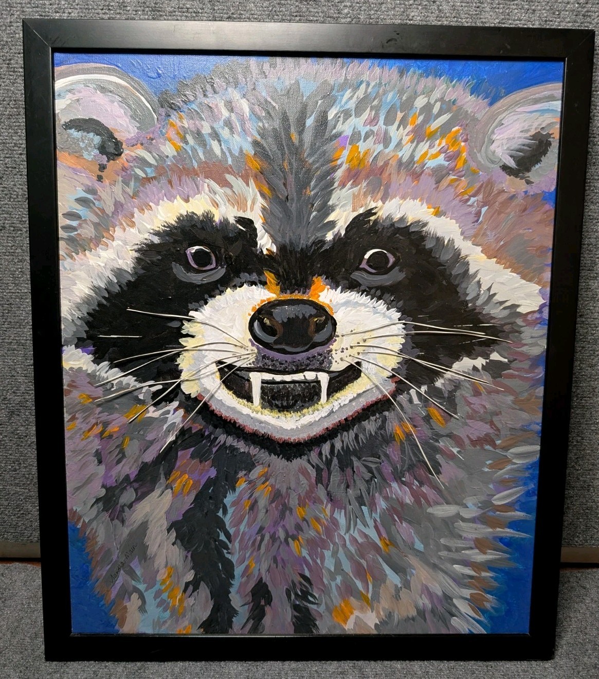 Hand Painted Racoon In Acrylic Paint W/ 3D Whiskers Sandra Main 23×19.5 Framed
