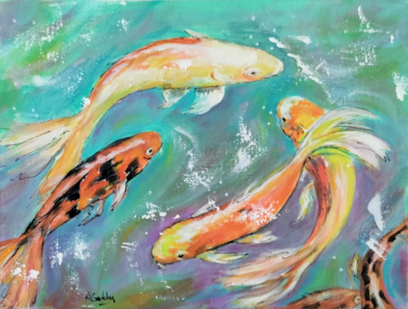 Original 9 x 12 Expressionism Colorful Koi Fish Canvas Wall Art Acrylic Painting