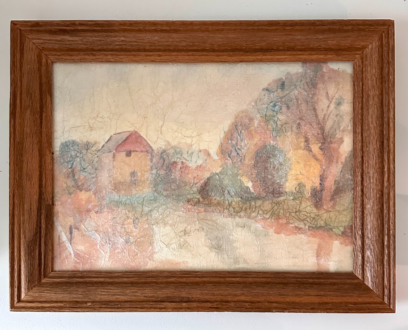 Original Framed Watercolor & Pen Landscape Painting «Springhouse» Signed 17×13