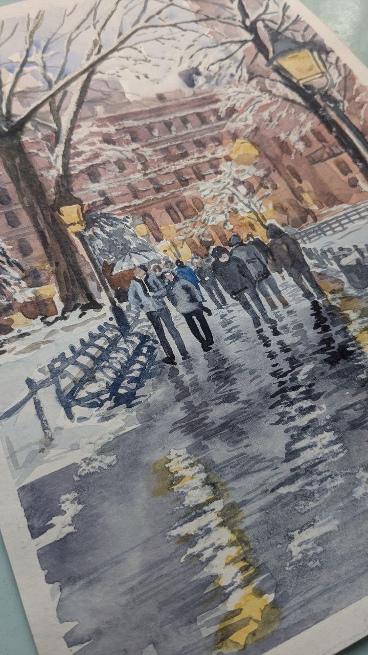 Urban Winter Evening City Watercolor Painting Snowy Road Street Lights A4 Art