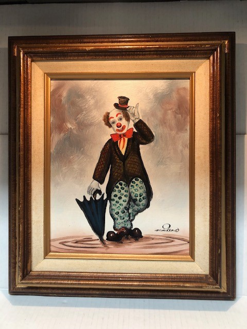 Original framed oil acrylic painting on canvas clown umbrella hat signed Masson