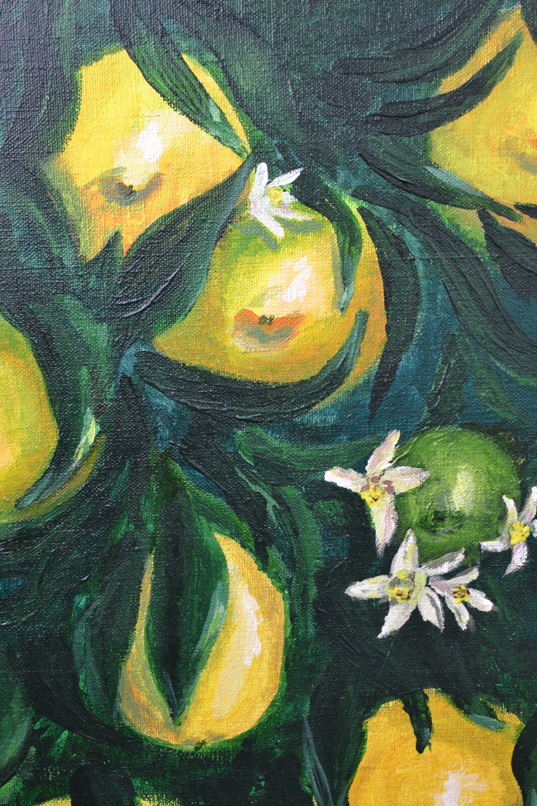 Original Acrylic Painting Citrus Fruit Lemon on the tree with flowers 16×24 in