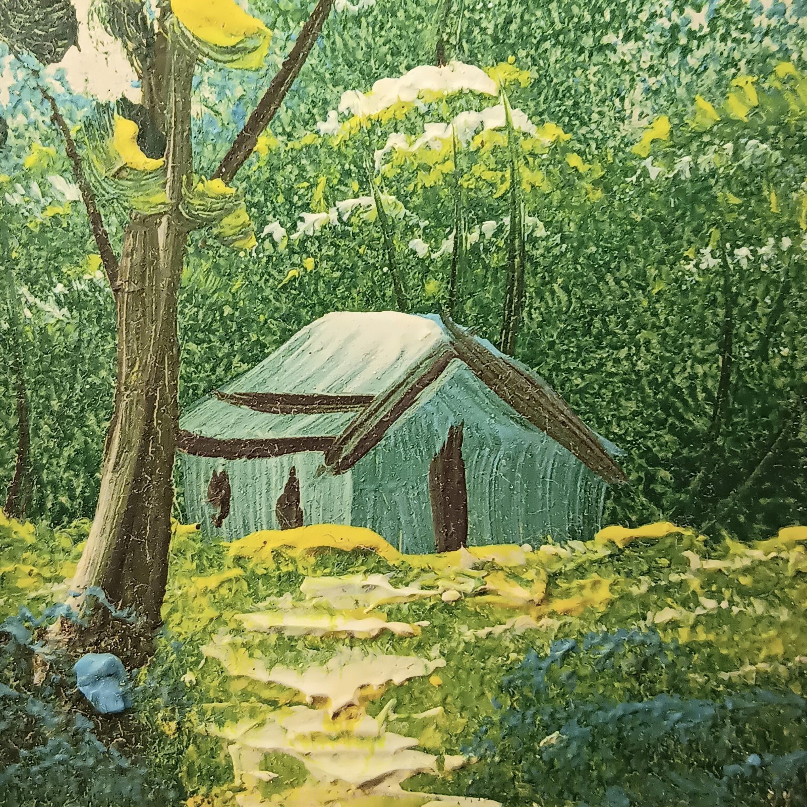 VTG Miniature Painting Barn Path & Trees In Gold Plastic Frame Blue Green Yellow