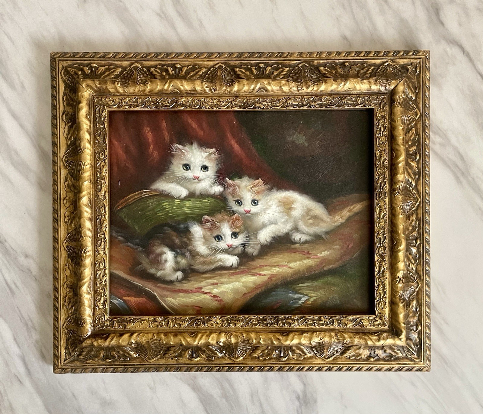 3 Kittens Cats Ornate Framed Vintage Oil Painting 11”x14” Frame 16.5”x19.5”