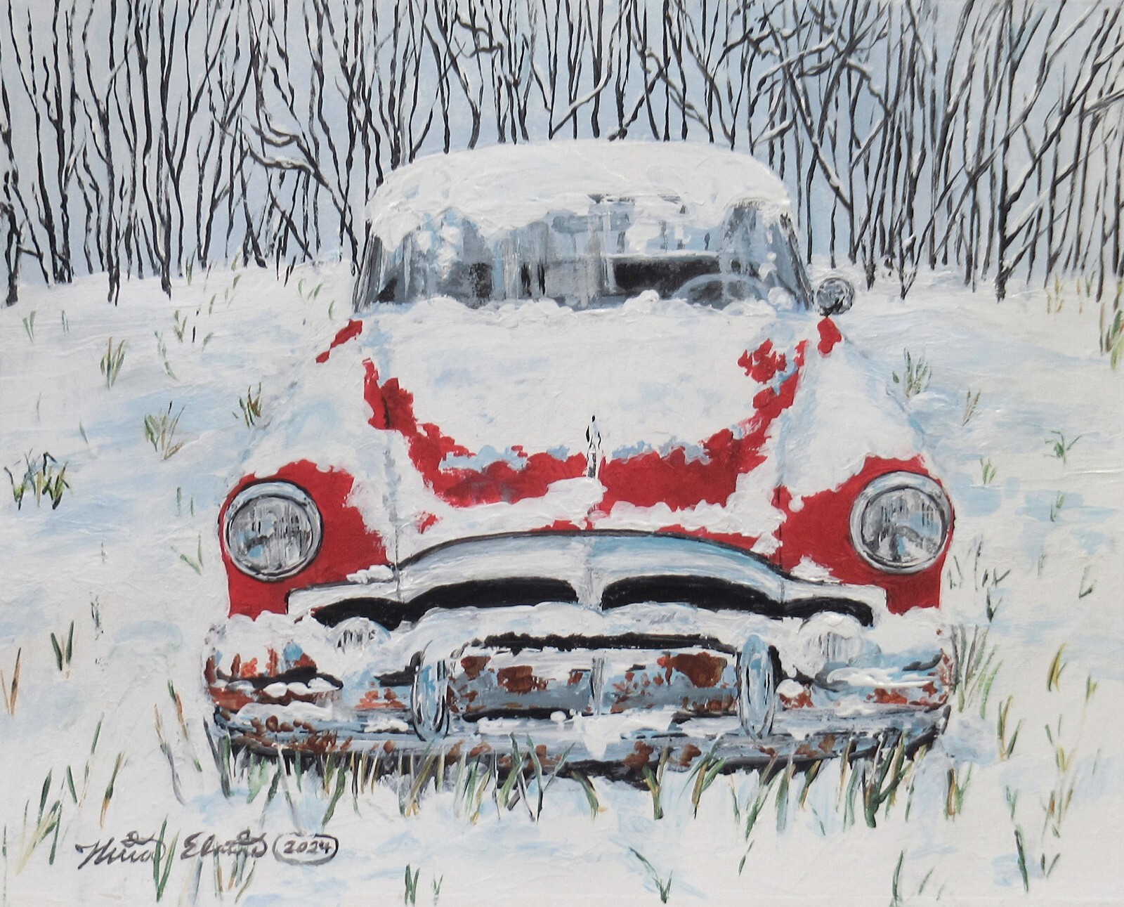 Classic car in the snow, Packard, Original art, realism painting