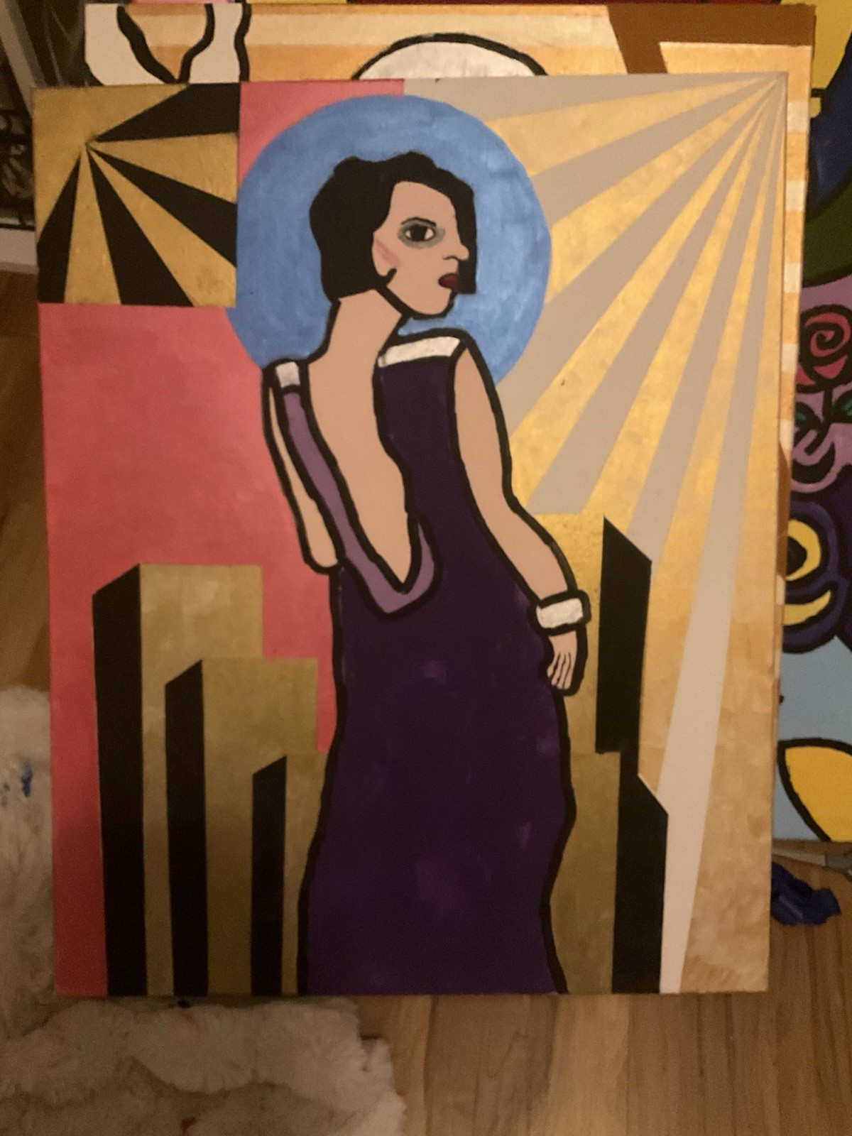 Original Art Deco Flapper Acrylic On Canvas 24 X 30