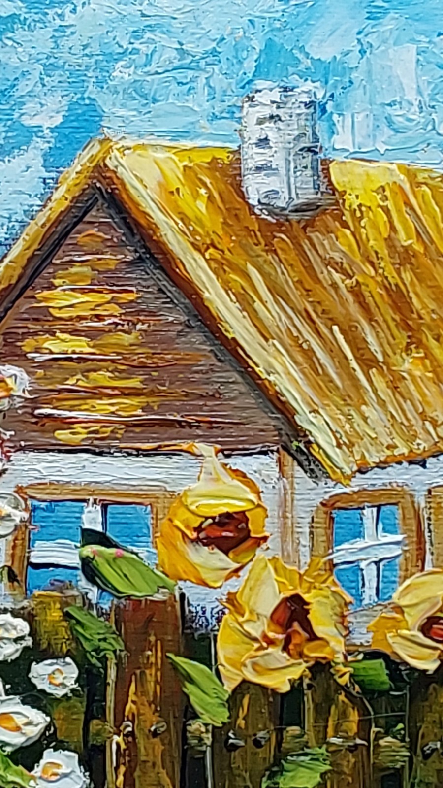 Original Rustic Cottage Painting with Sunflowers, Farm Art, Oil on Canvas 7×8 in