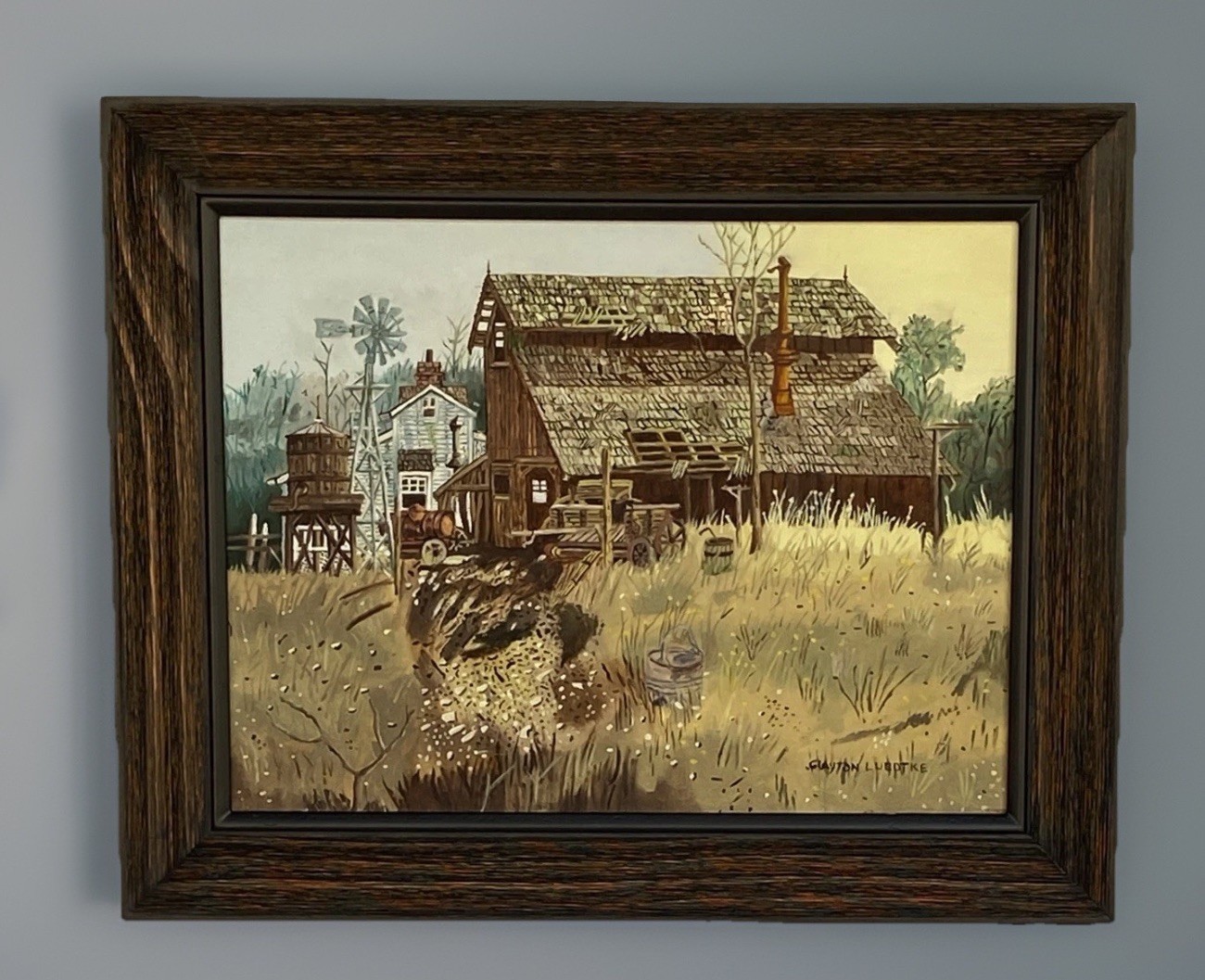 Orig Framed Oil Painting, Old Country Farmstead, C Luedtke 20-1/2″W by 16-1/4″H