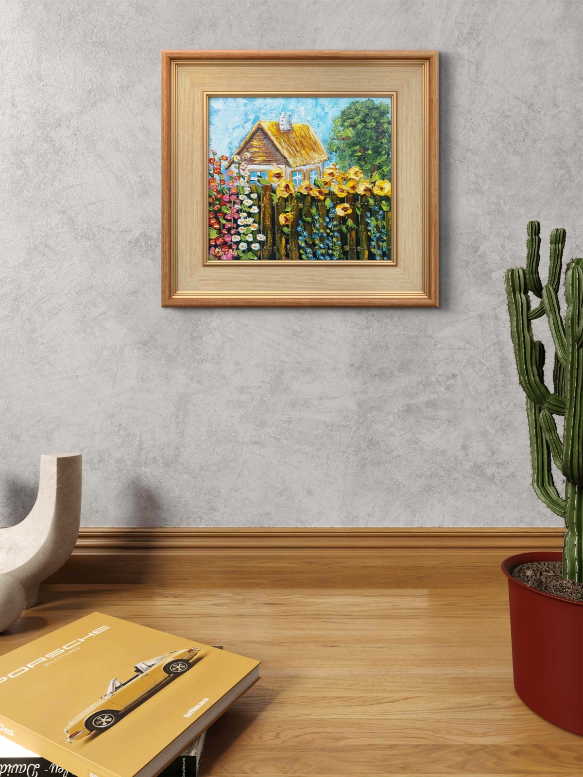 Original Rustic Cottage Painting with Sunflowers, Farm Art, Oil on Canvas 7×8 in