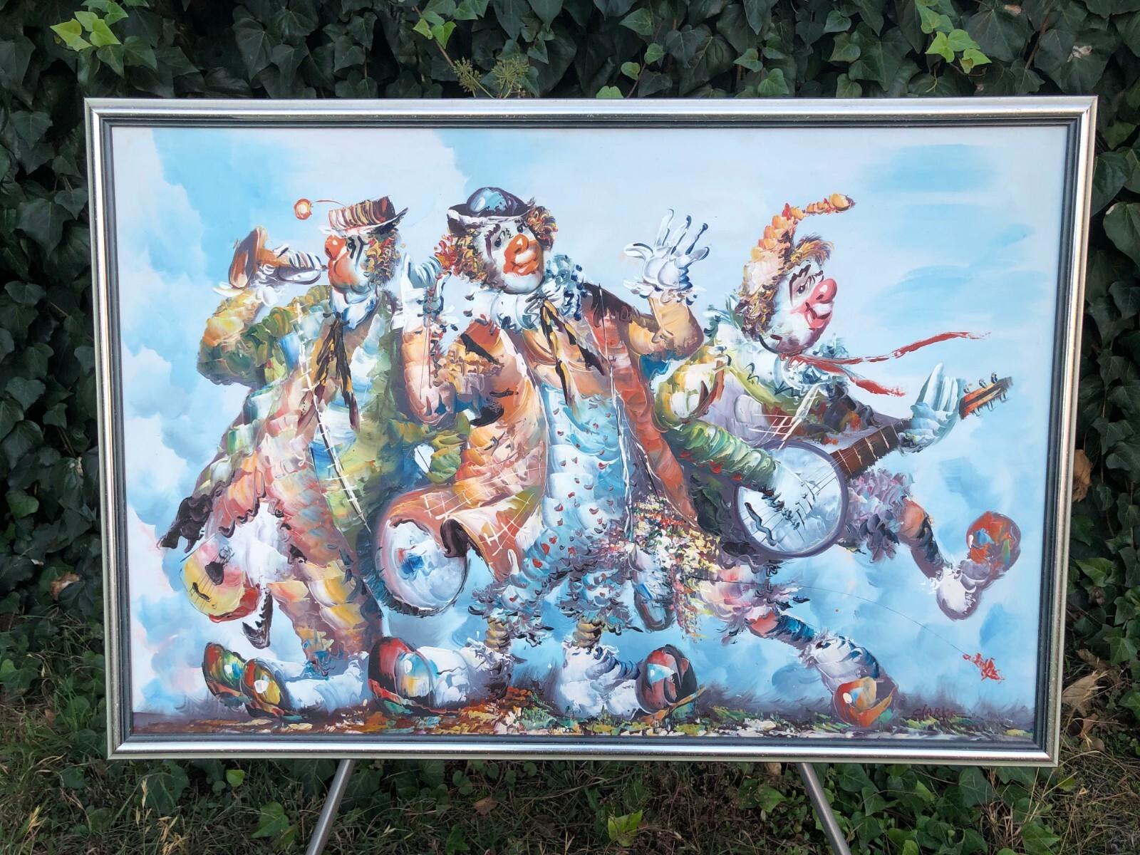CLARKE Original HUGE 1970s CLOWN MUSIC BAND with TRUMPET & BANJO OIL on CANVAS