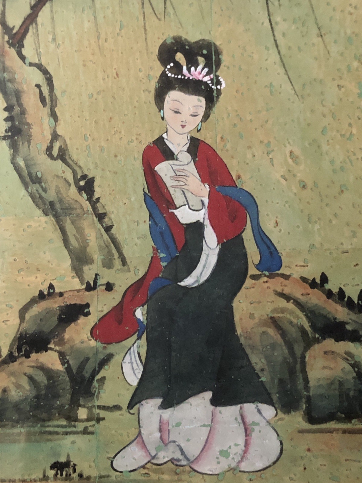 Vintage Chinese Court Lady Beauty Winter Day Wuchen Year Cork Paper Painting