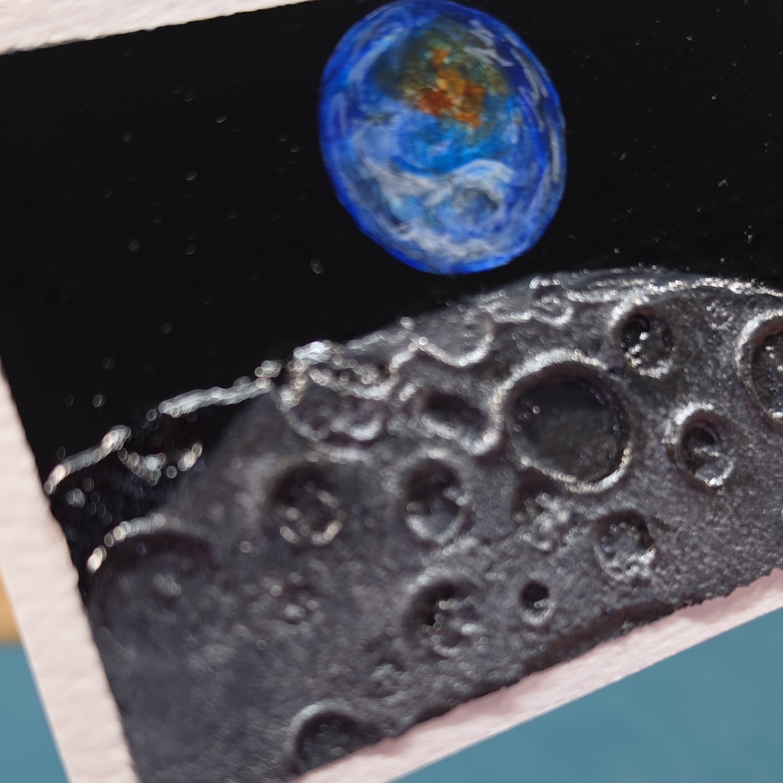 Earth and Moon Signed Miniature Drawing Original Art OOAK Outer Space