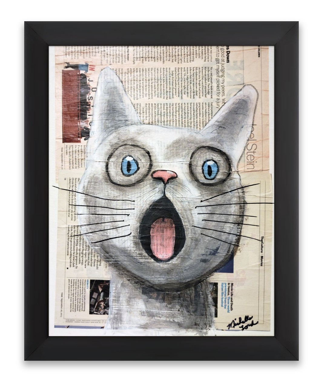 Original Whimsical Cat Painting Mixed Media – Paper on Canvas and magazine paper