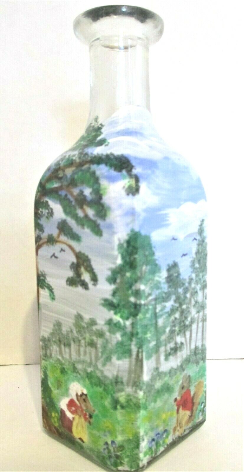 UNIQUE Handpainted Artist Signed Square 5″ GLASS BOTTLE Red Riding Hood Scenes