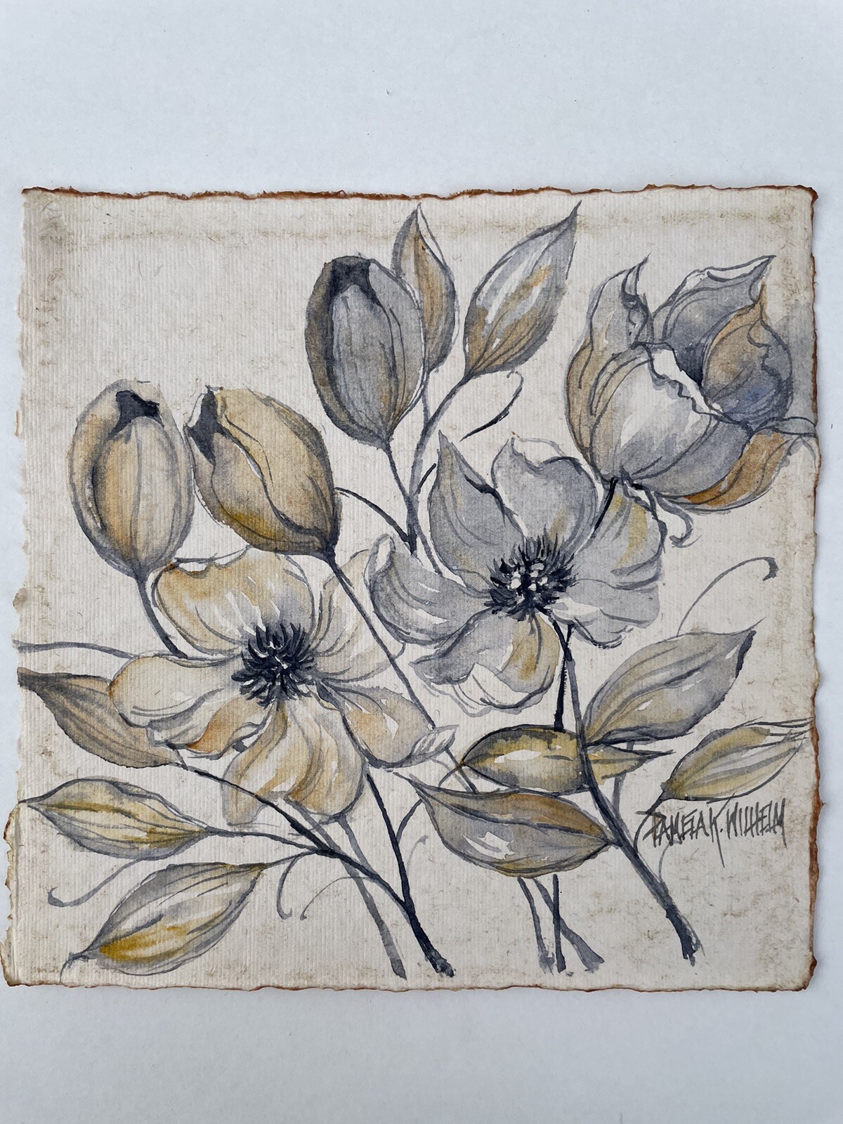 Pamela Wilhelm Original Watercolor Grey Floral On Tea Stained Cotton Paper 8”x8”