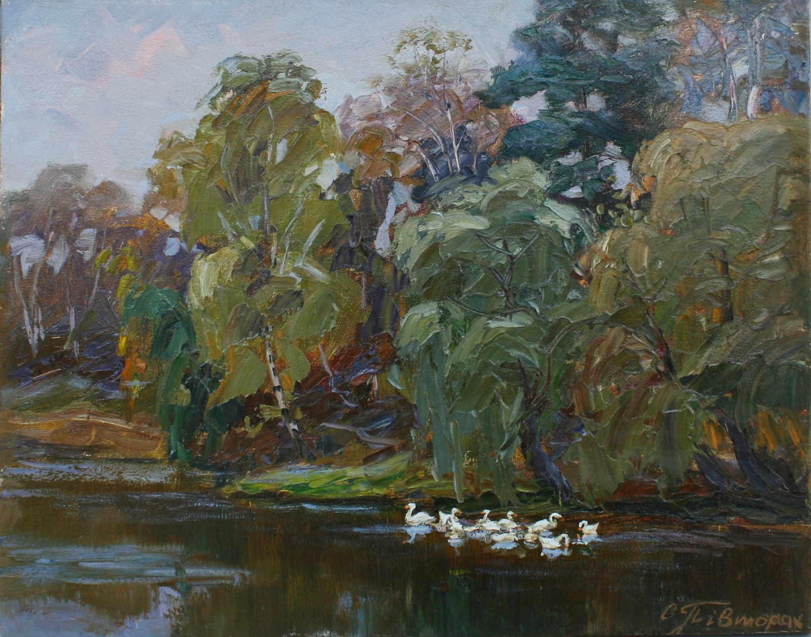 Direct from Artist: Original Oil Painting «Autumn Landscape with Geese» 2018