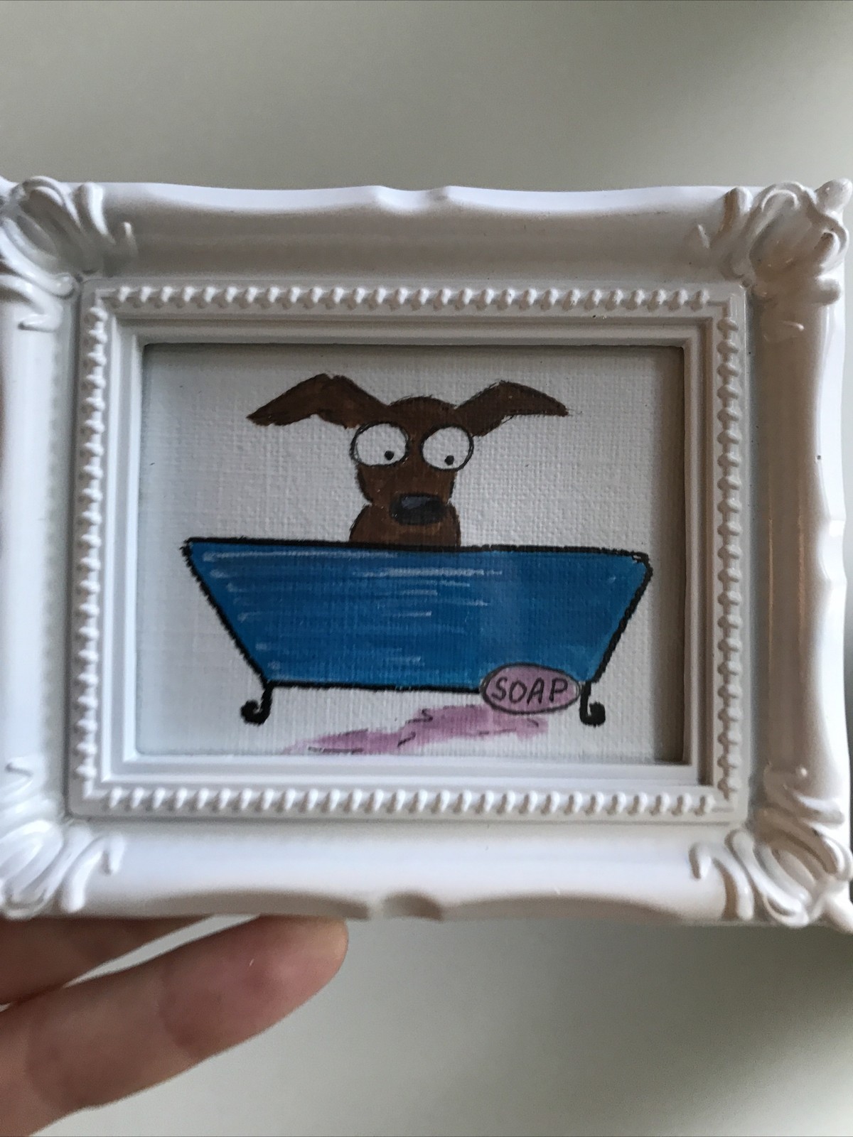 Funny Dog cute,Original Painting On Paper,3/4,framed,miniature,small,mini