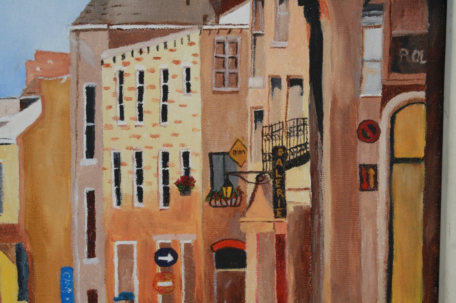 Vintage Cityscape Downtown Cobblestone Street Scene Oil Painting Unsigned Framed