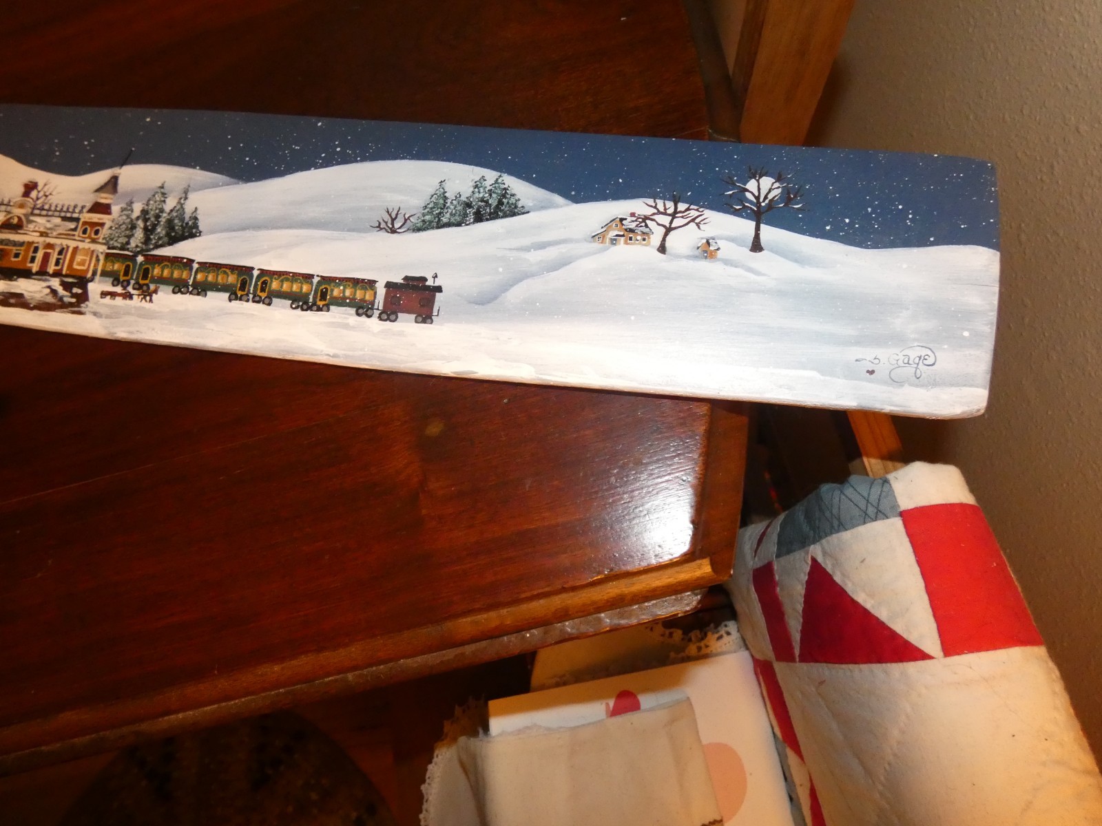 Winter Train Station Original Oil Painting on Wood Fan Blade Artist Signed