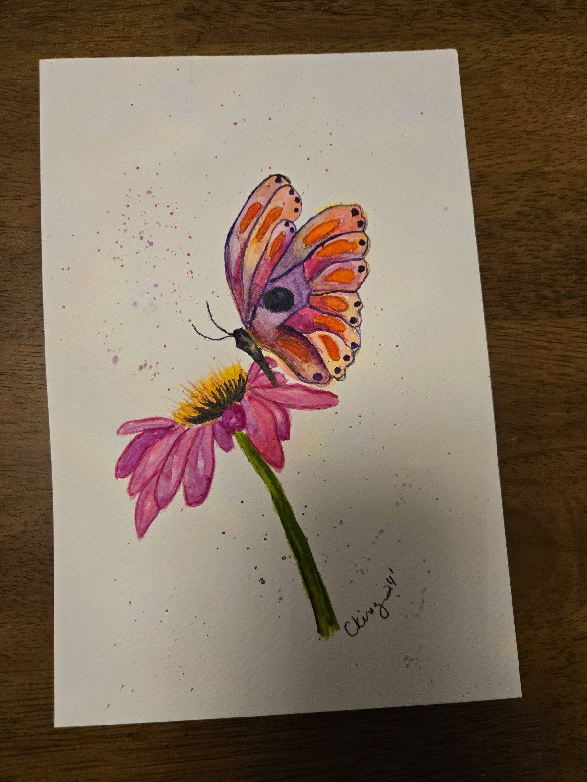 Watercolor Painting Butterfly And Flower 6in x 9in