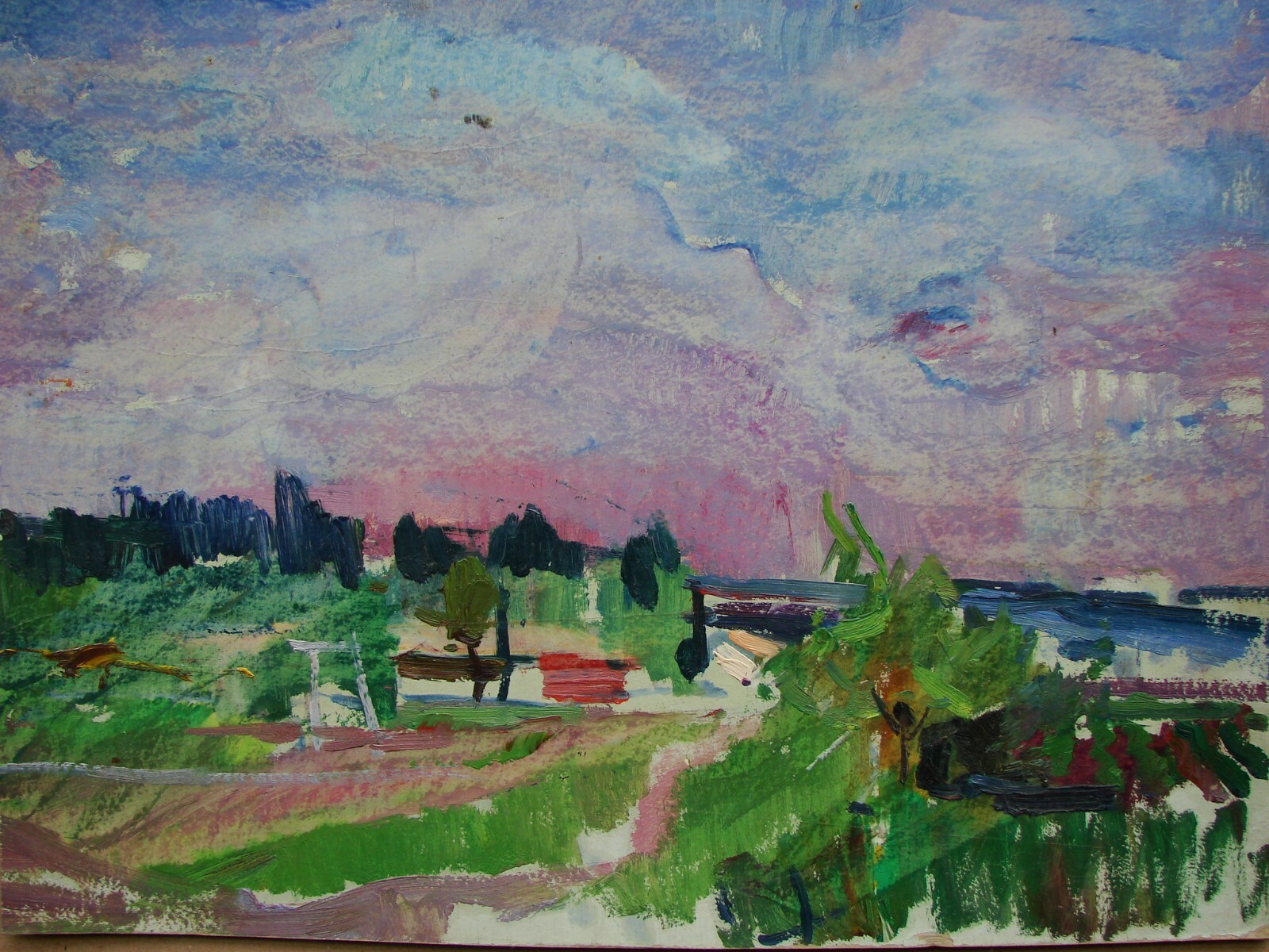 Ukrainian Soviet Oil Painting Landscape postimpressionism panorama rising sun
