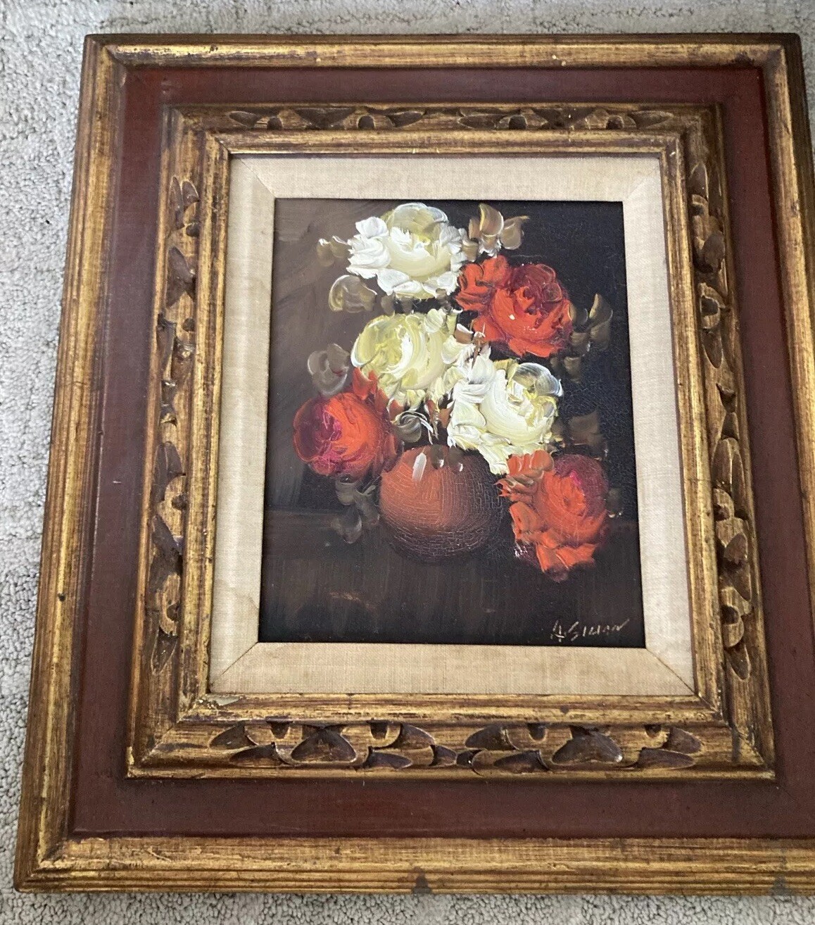 Oil On Canvas Flower Painting Signed A.Silver Layered Wooden Frame 16×18”