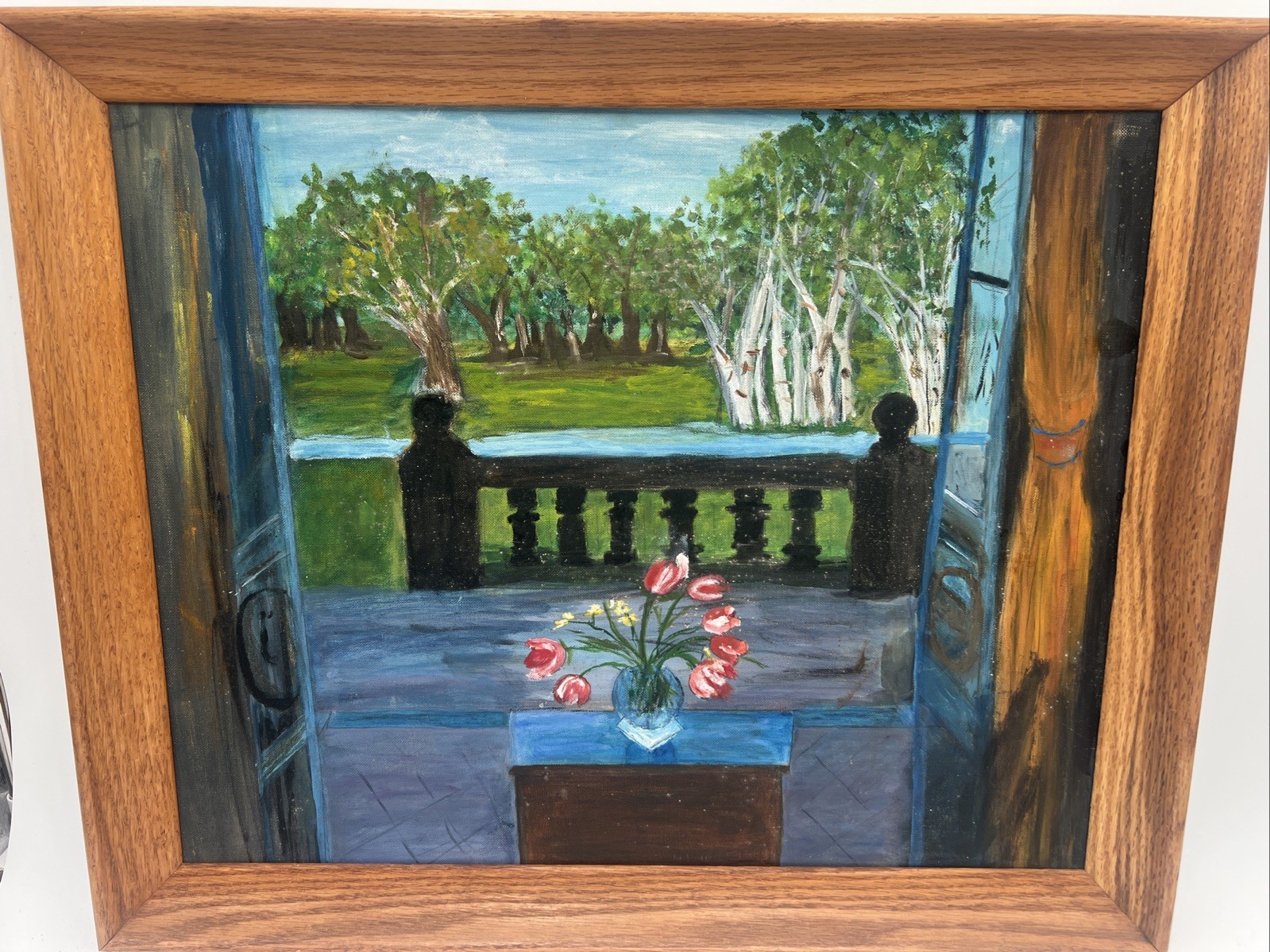 ORIGINAL Painting Back Porch Creek Trees Floral Landscape Wood Oak Frame 18×22”