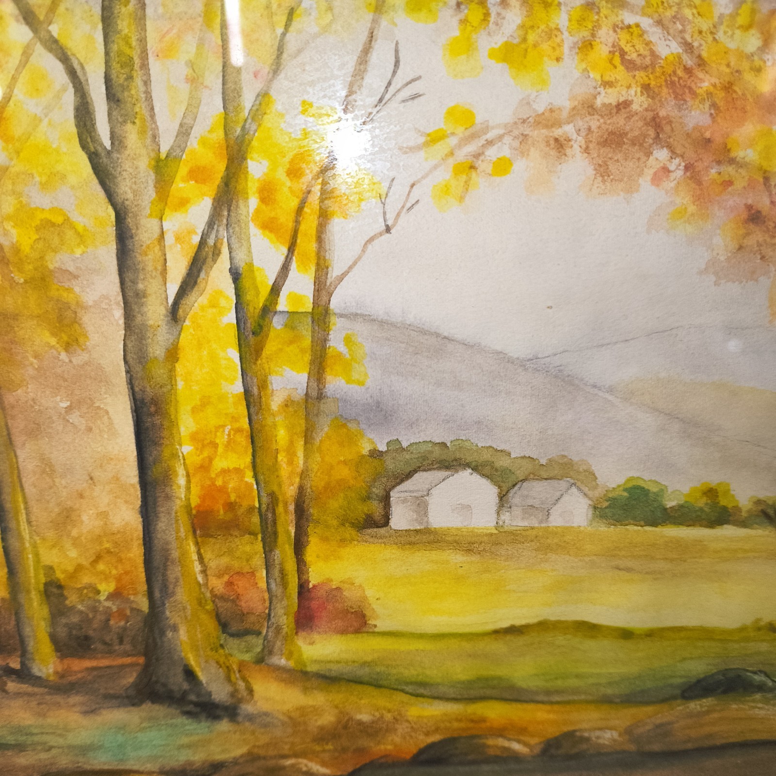 Original Watercolor Painting Autumn Fall River Wood Stream Scene Signed 1966