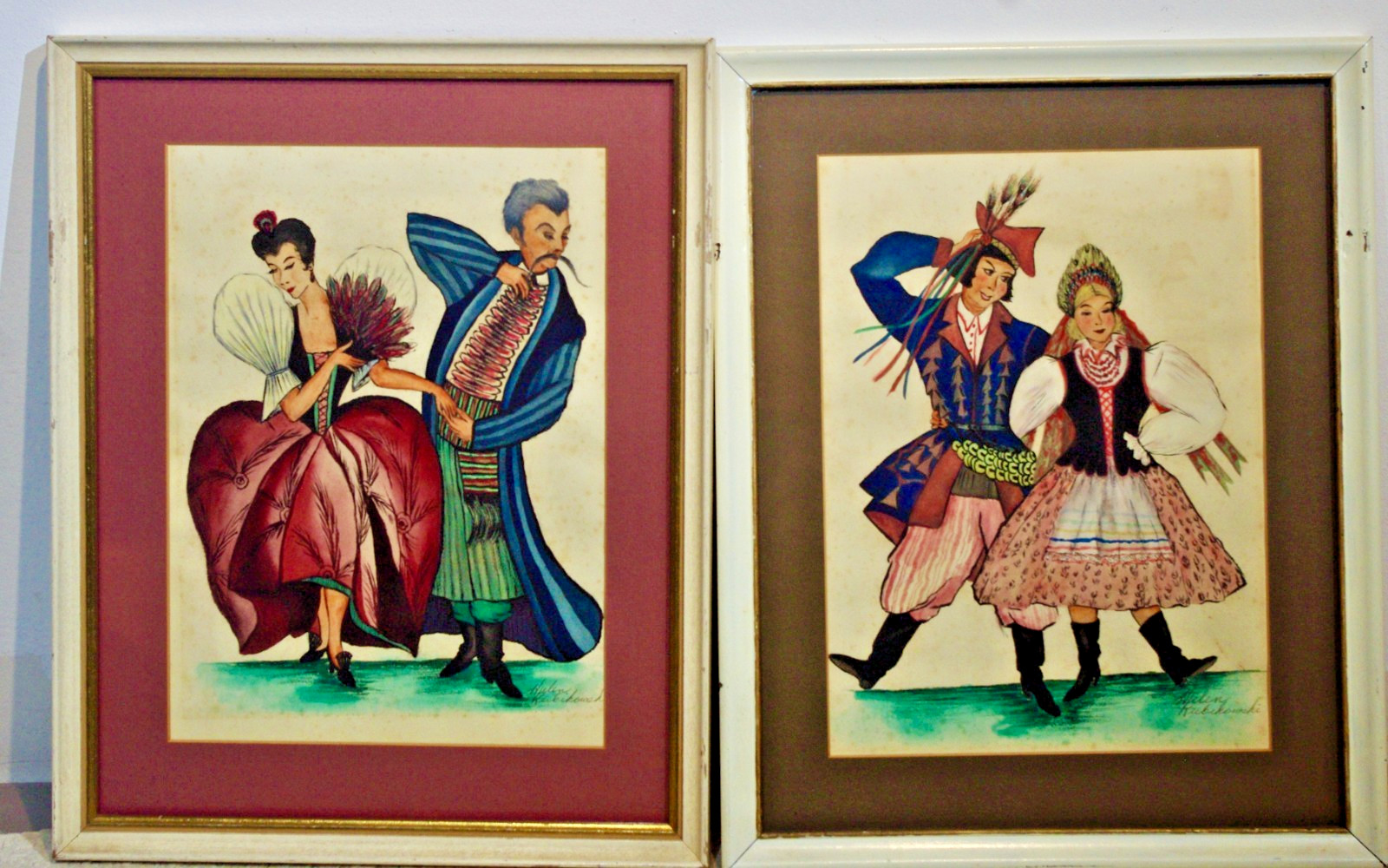 Watercolor- Framed Signed- Helen Kubikoski Polish Folk Dance Kujawiak Vintage