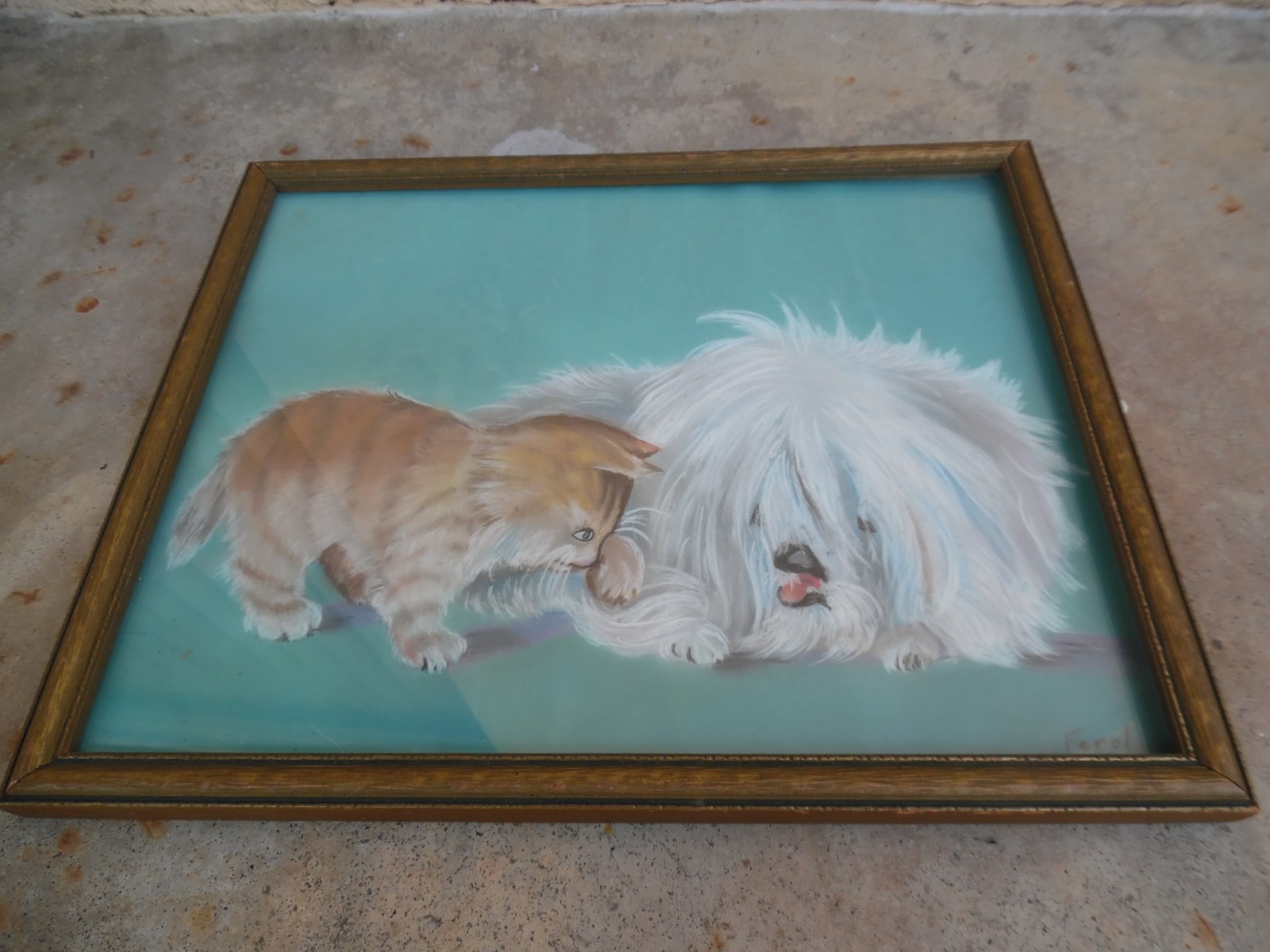 ORIGINAL PASTEL PAINTING OF KITTEN AND PUPPY SIGNED FEROL VINTAGE ART