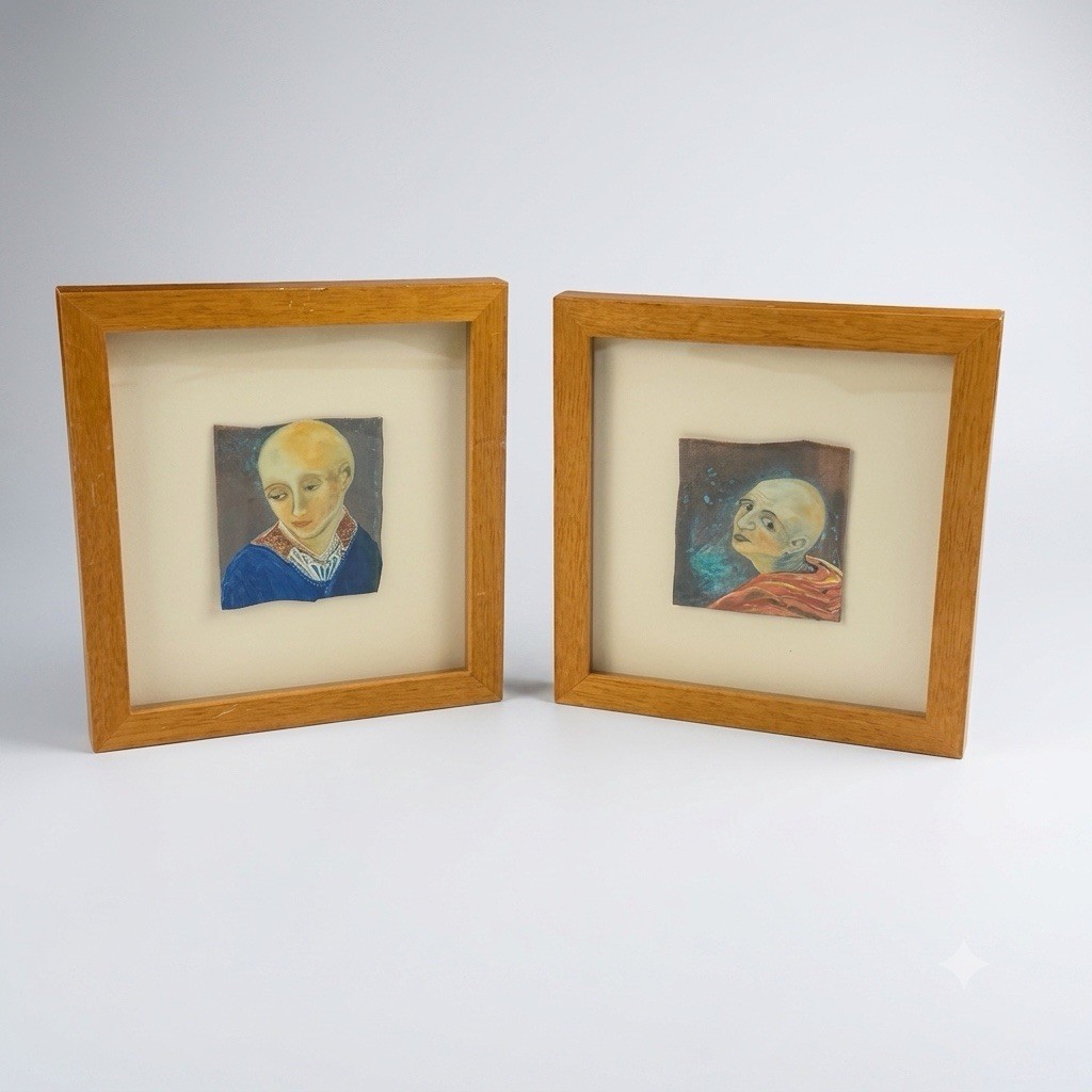 Vintage PAIR Androgynous Enamel on Copper Paintings Lyda Rose Gallery Framed