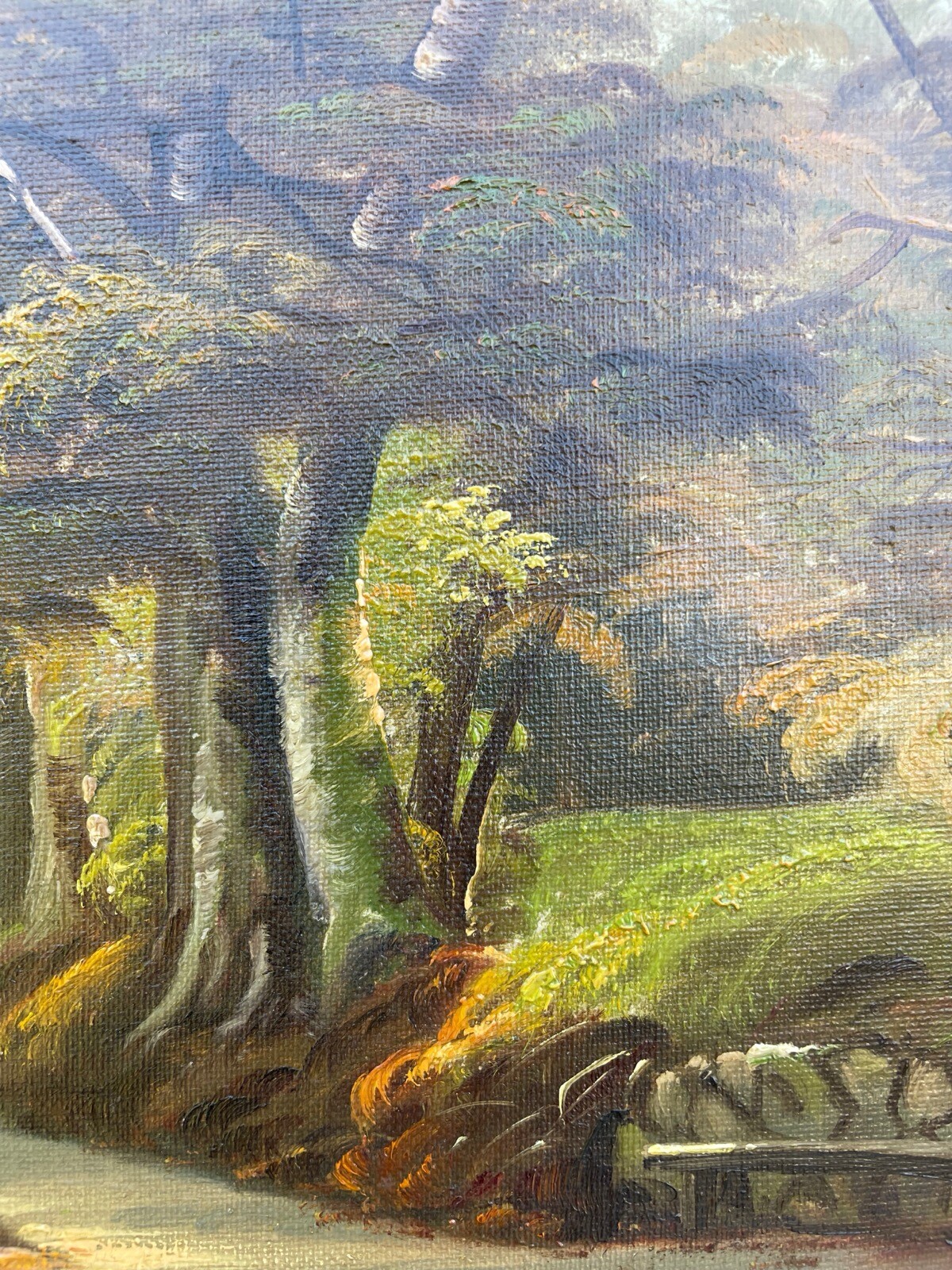 Impressionist Autumn Park Landscape Deciduous Trees Lake Bank Oil Painting 1936