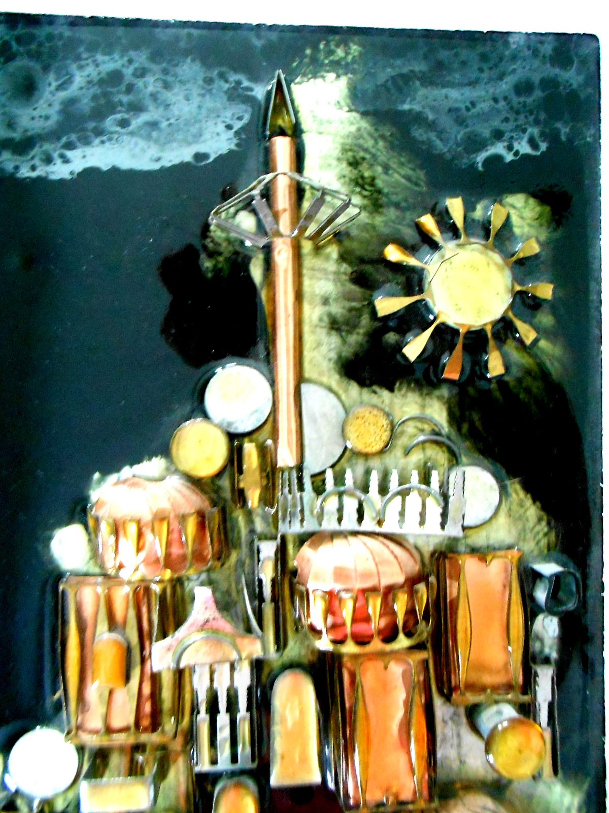 Mid Cent Mixed Media Art Painting Copper Enamel 3D Jerusalem Avi Akshuta