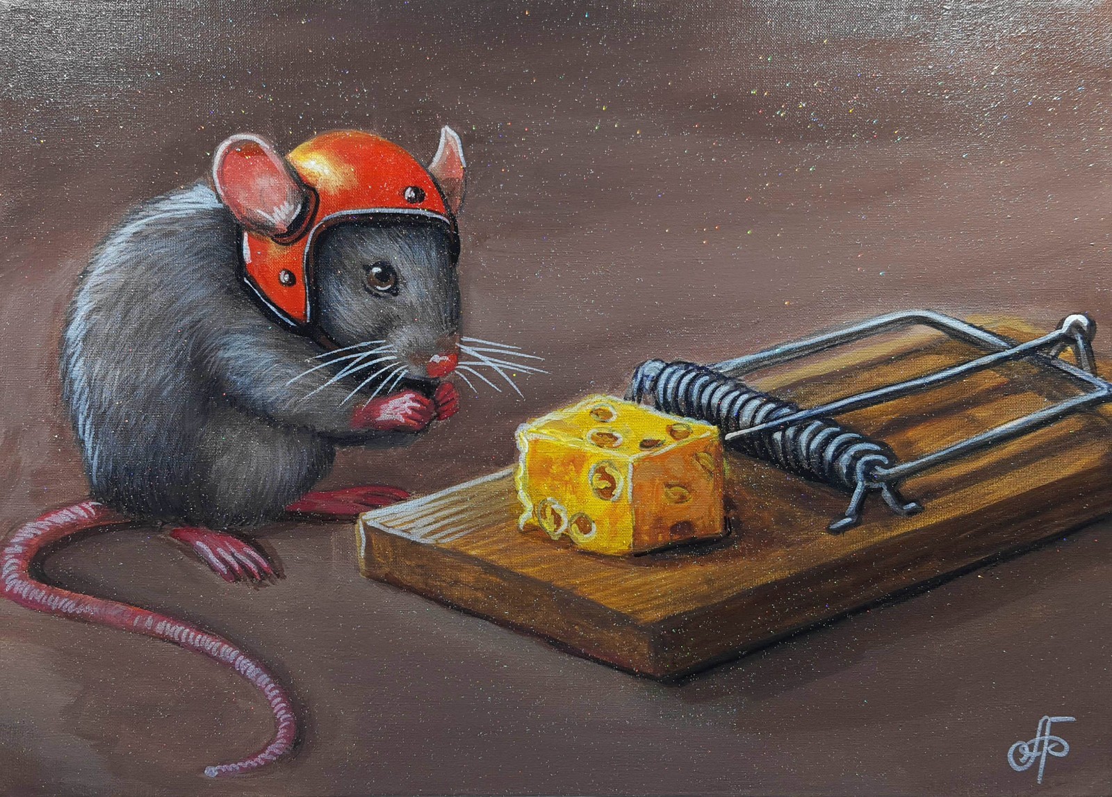 Brave Little Mouse and the Cheese Trap Funny Animal Painting Ukraine Artist