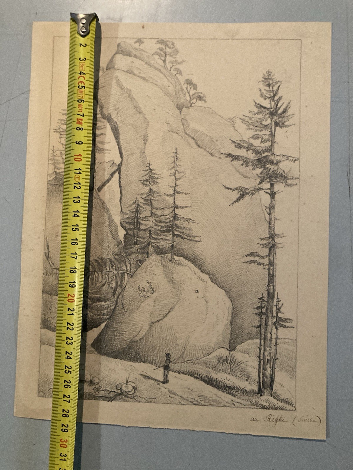 Very Nice Drawing Xixth 1830 Rocher Pencil Swiss? Shaft Foret Antique Alps Art